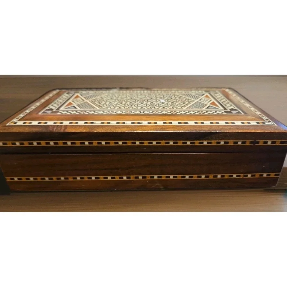 Vintage Wooden Inlay Marquetry Hinged Trinket Jewelry Box Geometric  9